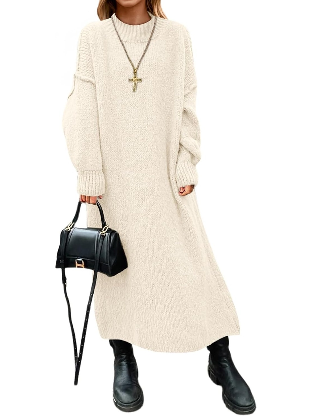 🆕 Women's Cream Solid Chunky Knit Long Sweater Dress Loose Fit Cozy Apparel
